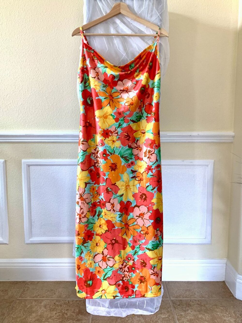 Bold Cowl Neck Floral Print Satin Camisole Medium Dress